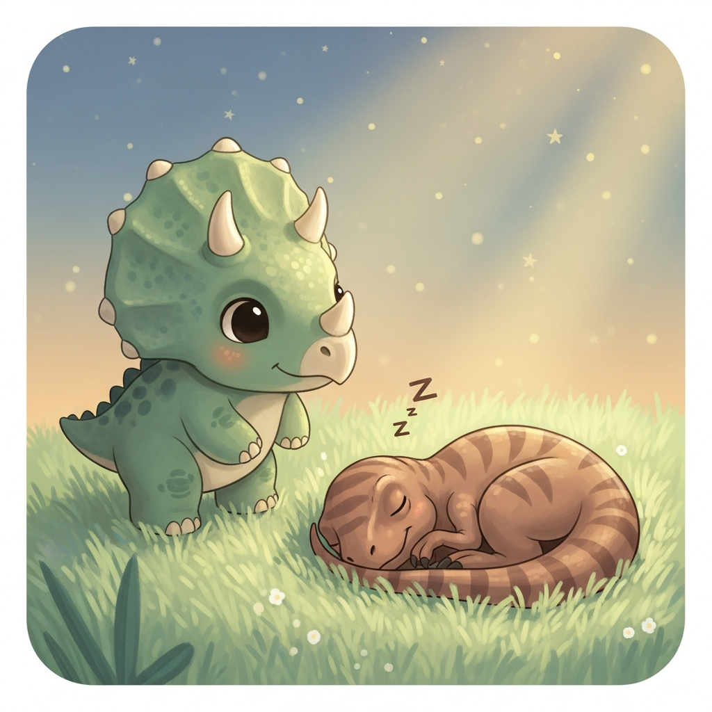 Little Dino asleep under a soft blue blanket while a gentle long-neck dino watches nearby, cozy night scene with soft stars and moonlight, warm pastel colors, simple background