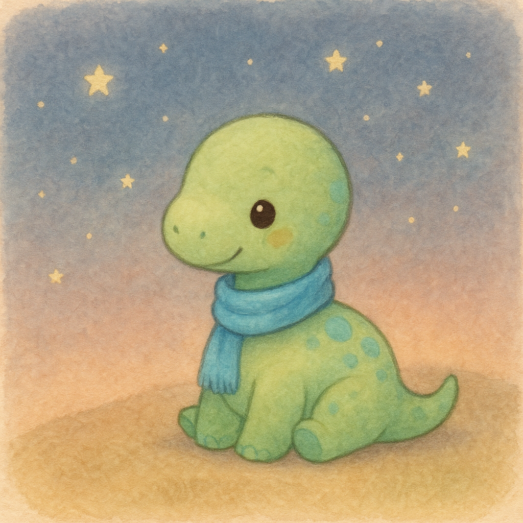 Small round green dinosaur with blue spots and a blue scarf sitting under a dim evening sky, soft stars beginning to appear, gentle pastel colors.