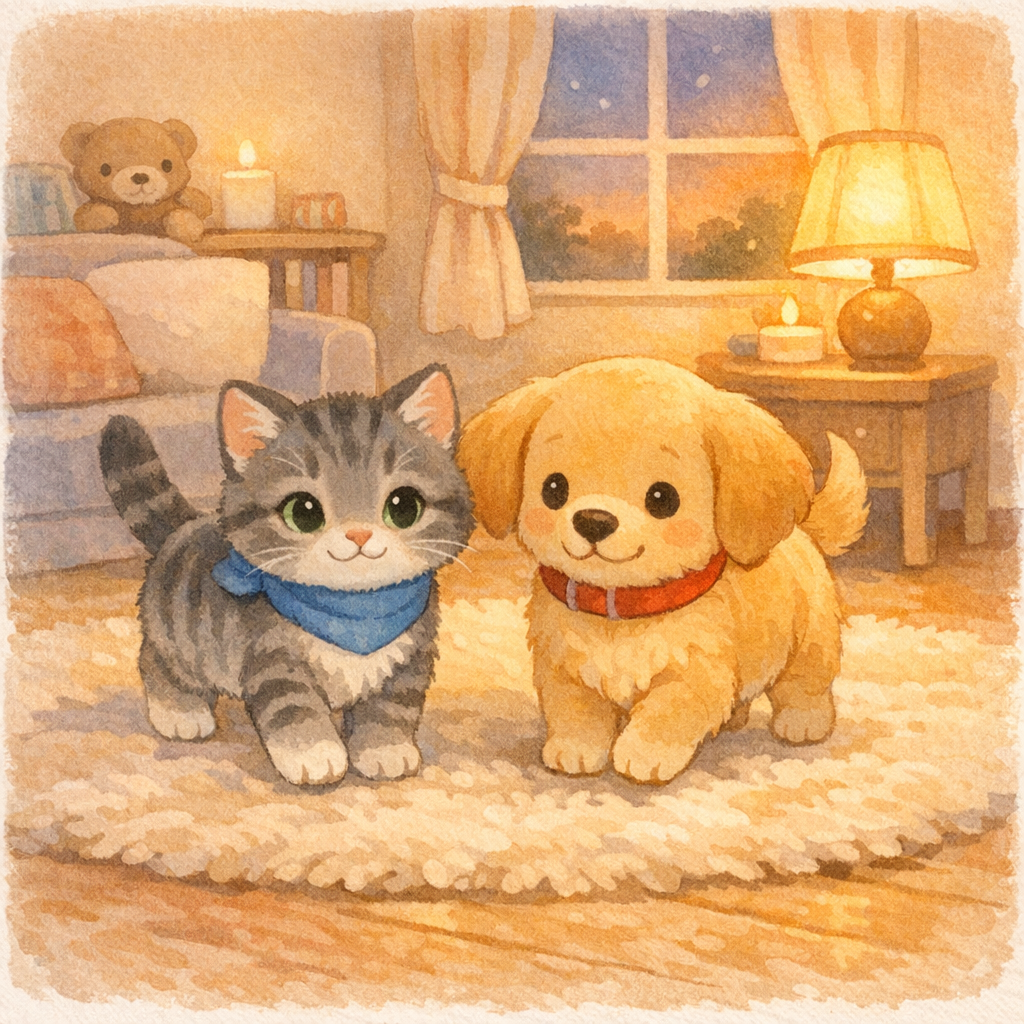 Cozy living room at dusk, Milo gray tabby kitten with blue scarf and Daisy golden puppy with red collar walking side by side on a soft rug, warm lamplight, calm bedtime mood