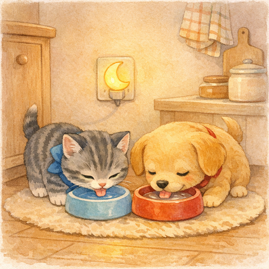 Small pet water bowl in a cozy kitchen corner, Milo and Daisy taking gentle sips, warm night light, simple clean setting