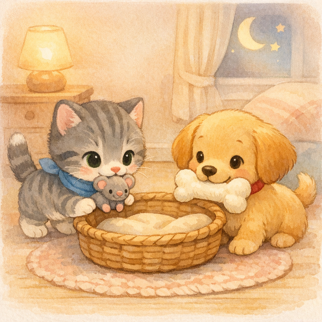 Milo carrying a tiny toy mouse and Daisy holding a plush bone, placing them by a basket, pastel colors and soft textures