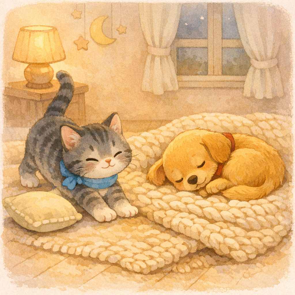 Miko stretching near a small pillow while Dottie curls on a soft blanket, warm pastel colors, soft shadows, quiet bedtime scene