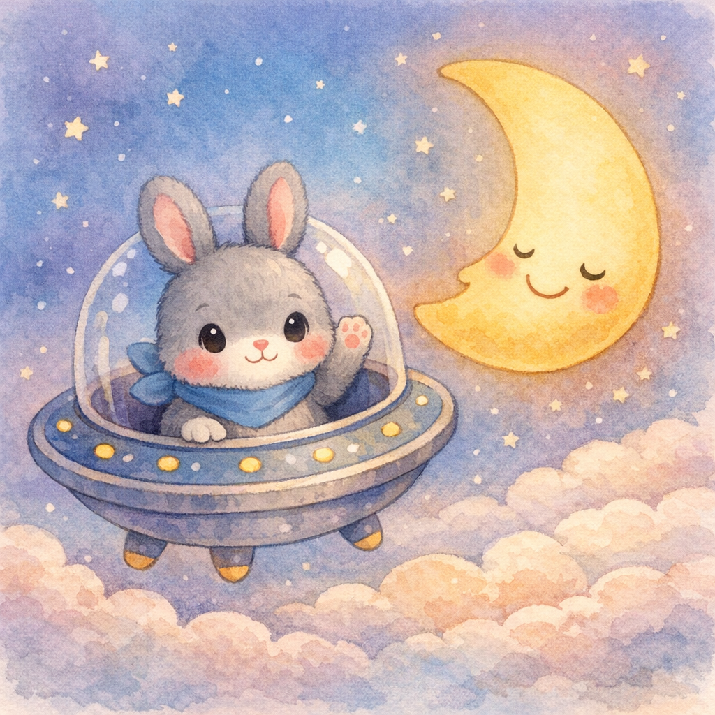 Bunny in the spaceship near a smooth, smiling crescent moon, waving gently, distant soft clouds below, dreamy pastel watercolor.
