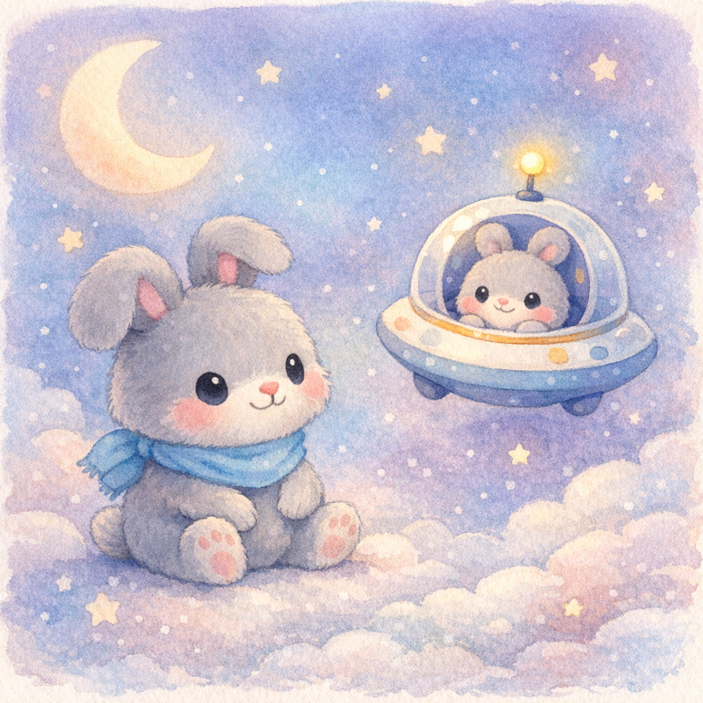 Another small friendly spaceship drifting nearby with a tiny blinking light, bunny smiling inside their round ship, stars scattered softly, calm pastel watercolor.