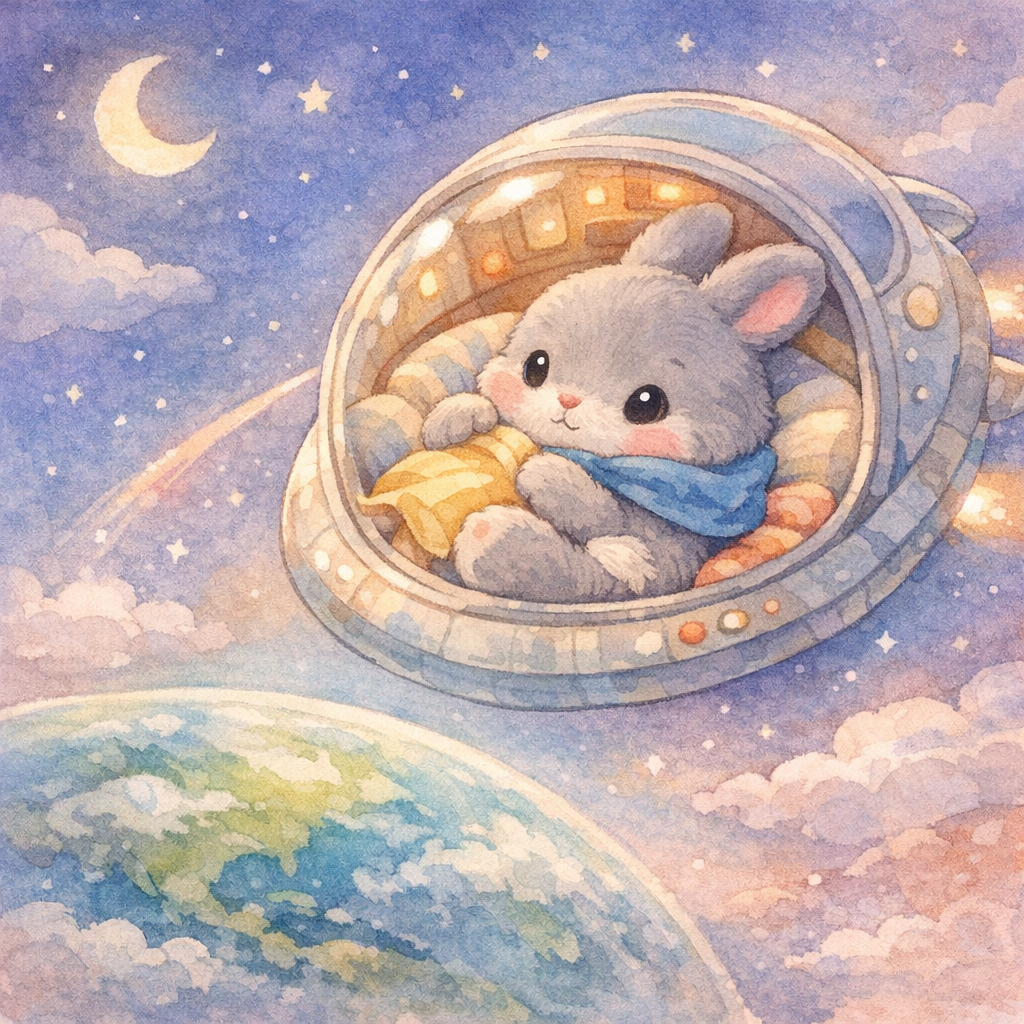 The bunny curled with a tiny blanket inside the spaceship as it slowly arcs toward home, Earth below like a soft blue-green marble, warm gentle lighting, pastel watercolor.