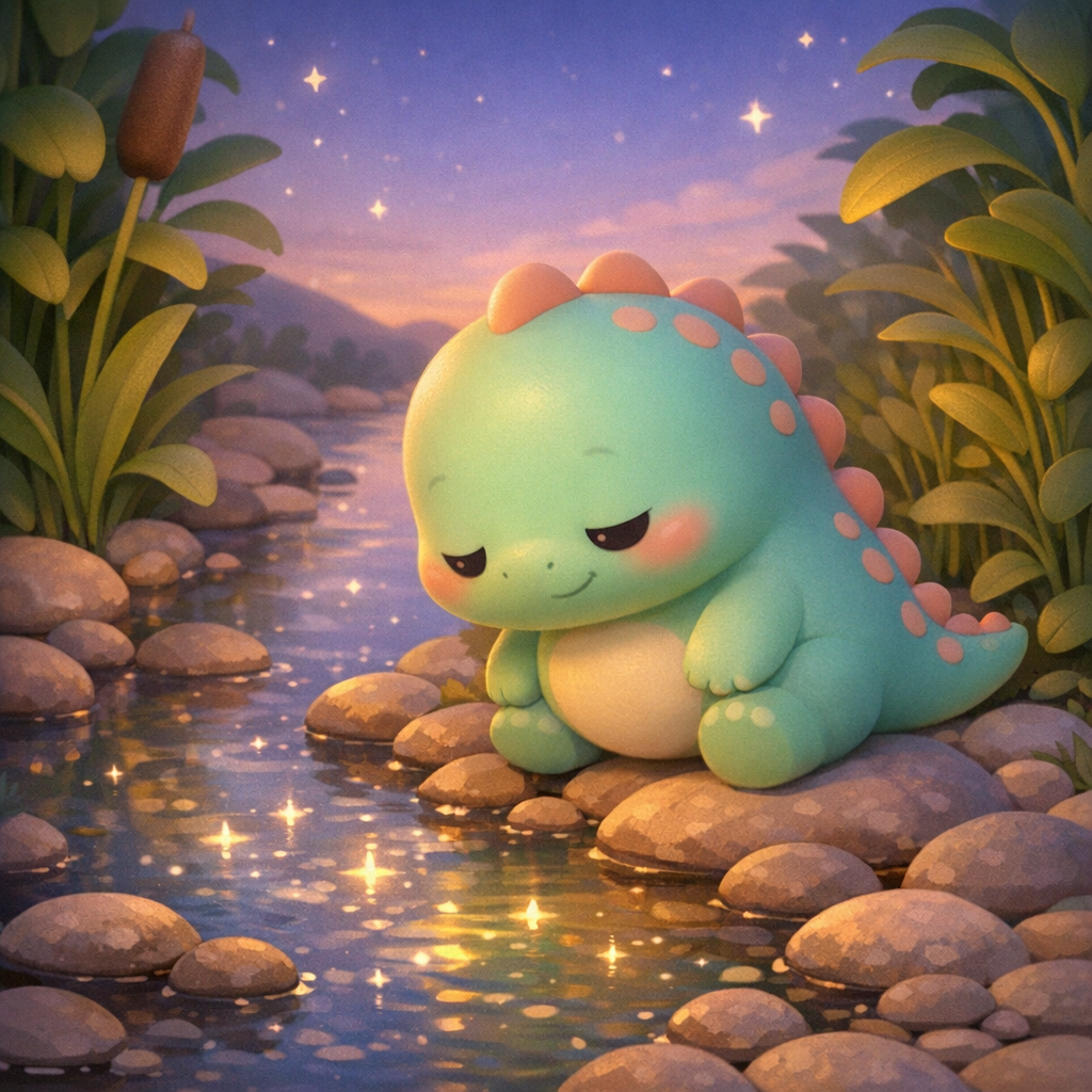 Nori beside a gentle river with smooth stones, reflections of early stars in the water, tall leafy plants framing the sides, Nori looking down at the shimmering surface, calm low lighting