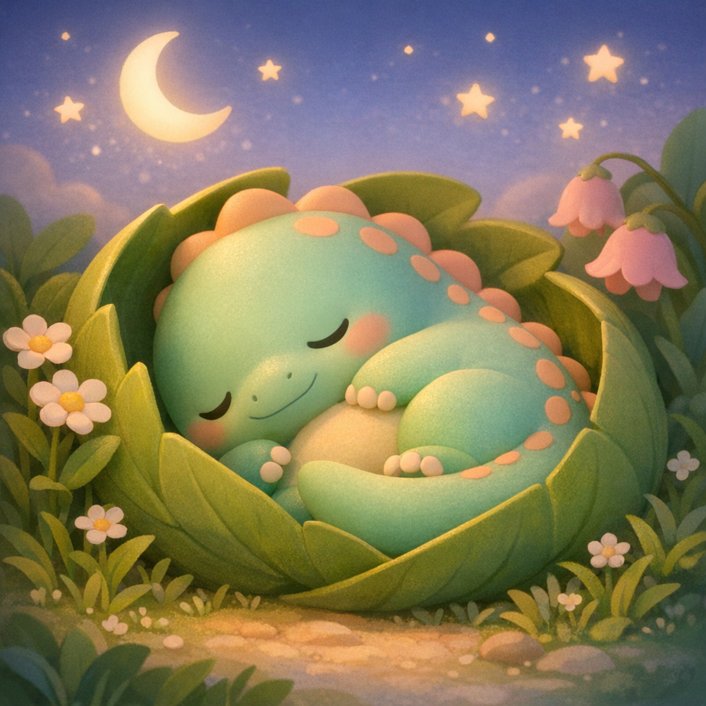 Close view of Nori curled in a leaf nest, eyes closed, soft moonlight and scattered stars overhead, nearby flowers and grass gently framing the scene, calm dim lighting with a cozy glow